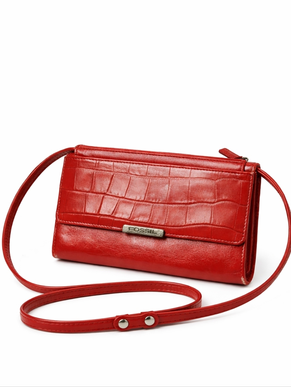Fossil Vintage Red Leather Mini Crossbody Wallet Bag Y2K Croc Embossed